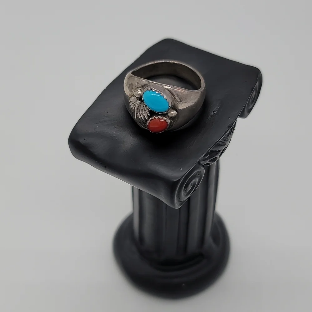 Sterling Silver Turquoise and Red Coral Ring - Picture 1 of 4